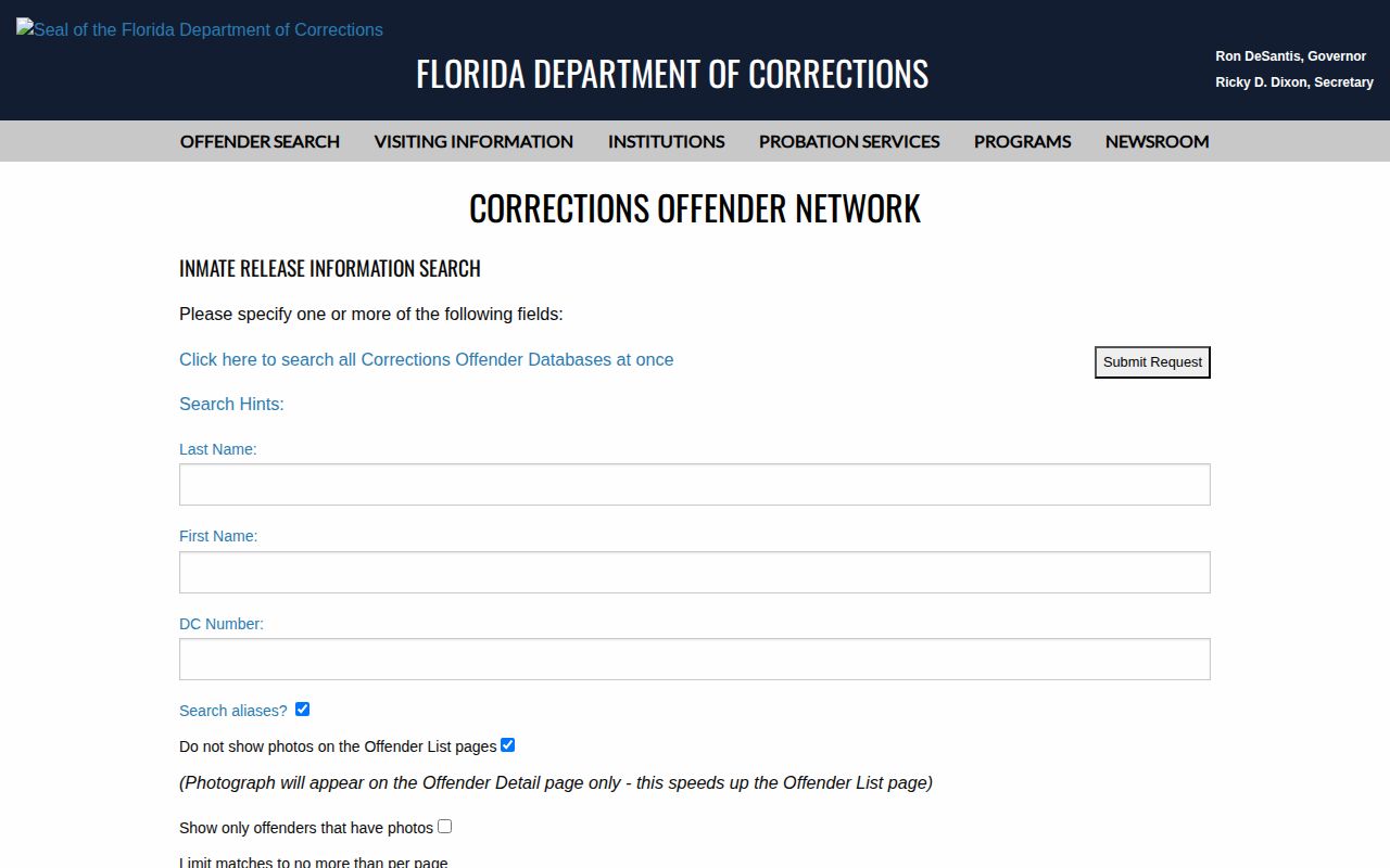 Florida Department of Corrections inmate release search for Liberty County records