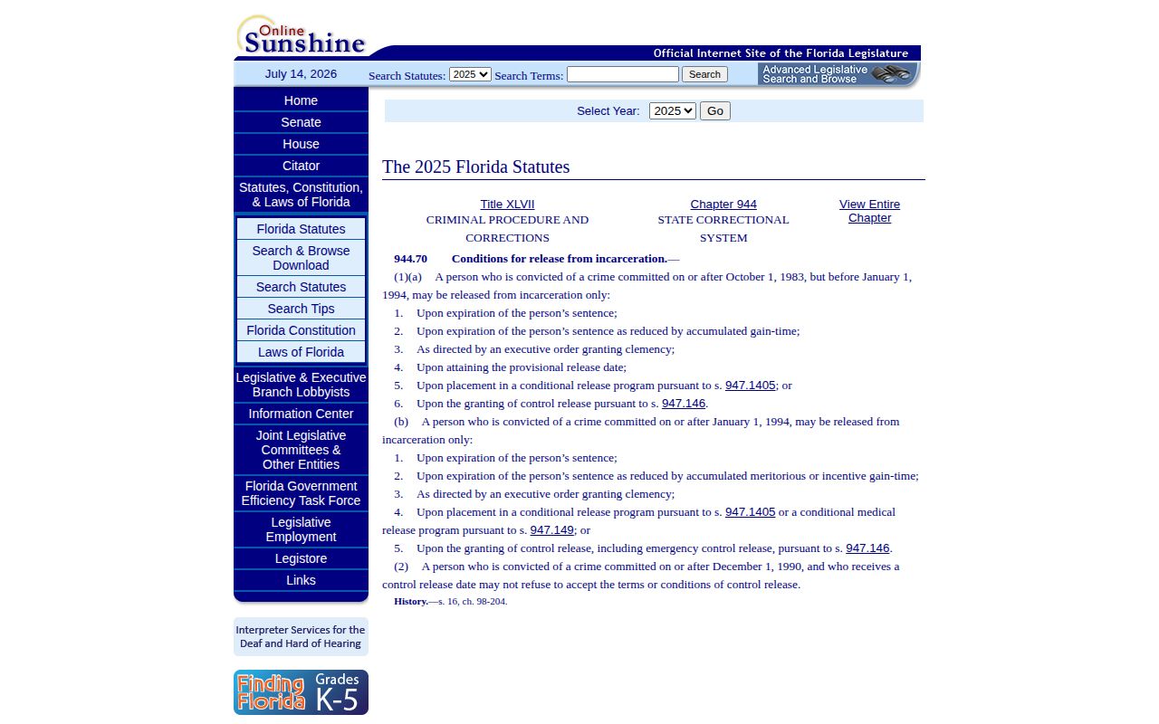 Liberty South Unit Florida prison release statute