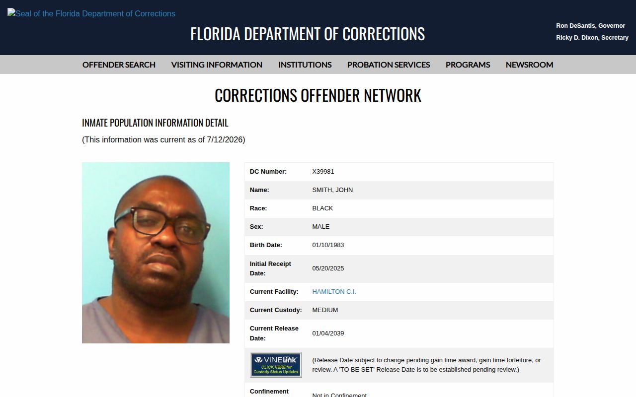 Liberty County projected release date example in an FDC current-inmate record