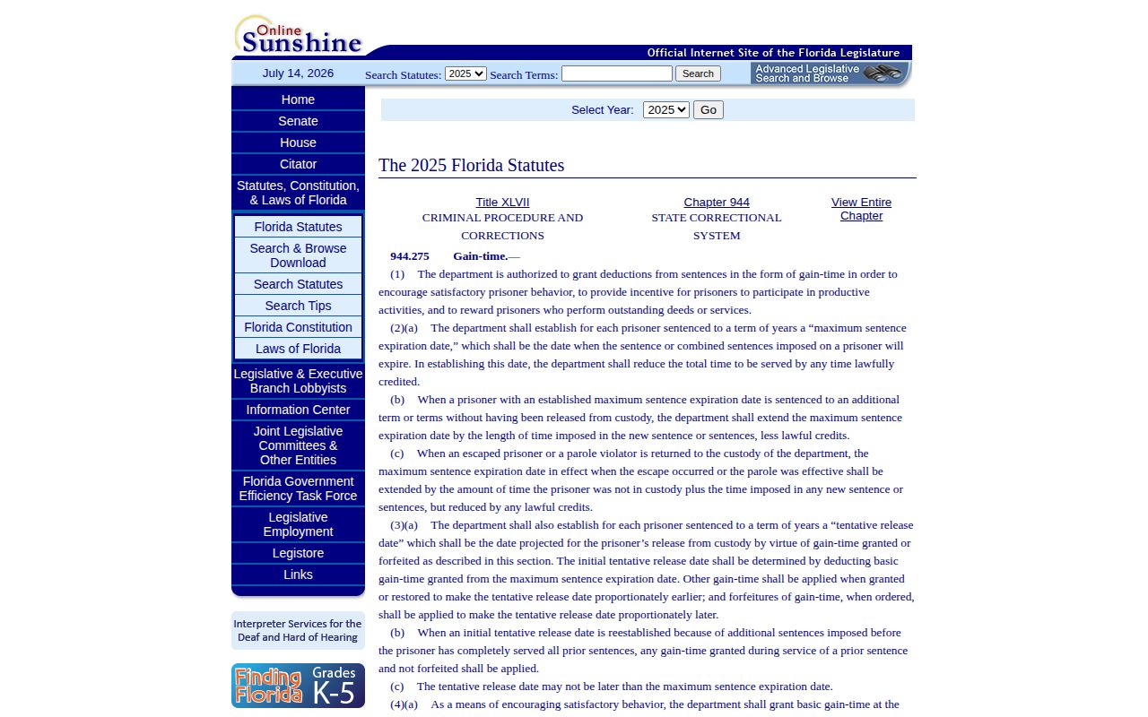 Florida gain-time statute for a Liberty County projected release date