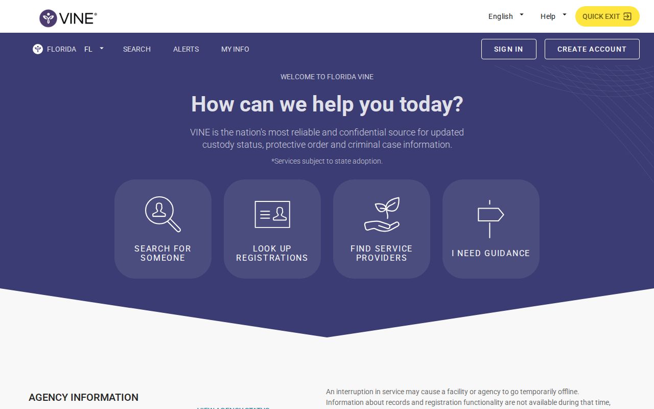 Liberty County VINELink inmate search on the Florida landing screen